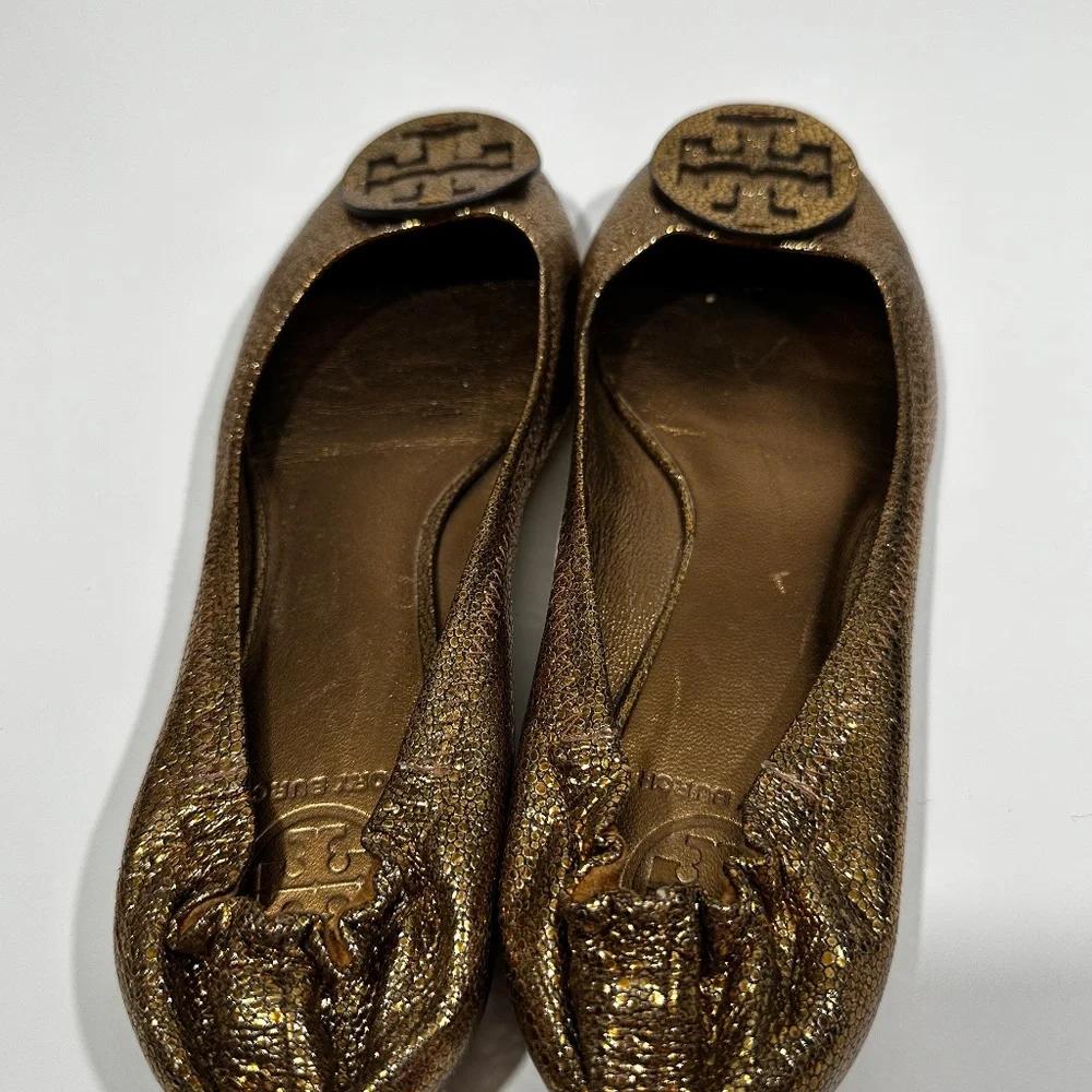 Tory Burch [ Womens 9.5 ] Metallic Crackle Leather Shine Slip on Flats in Bronze